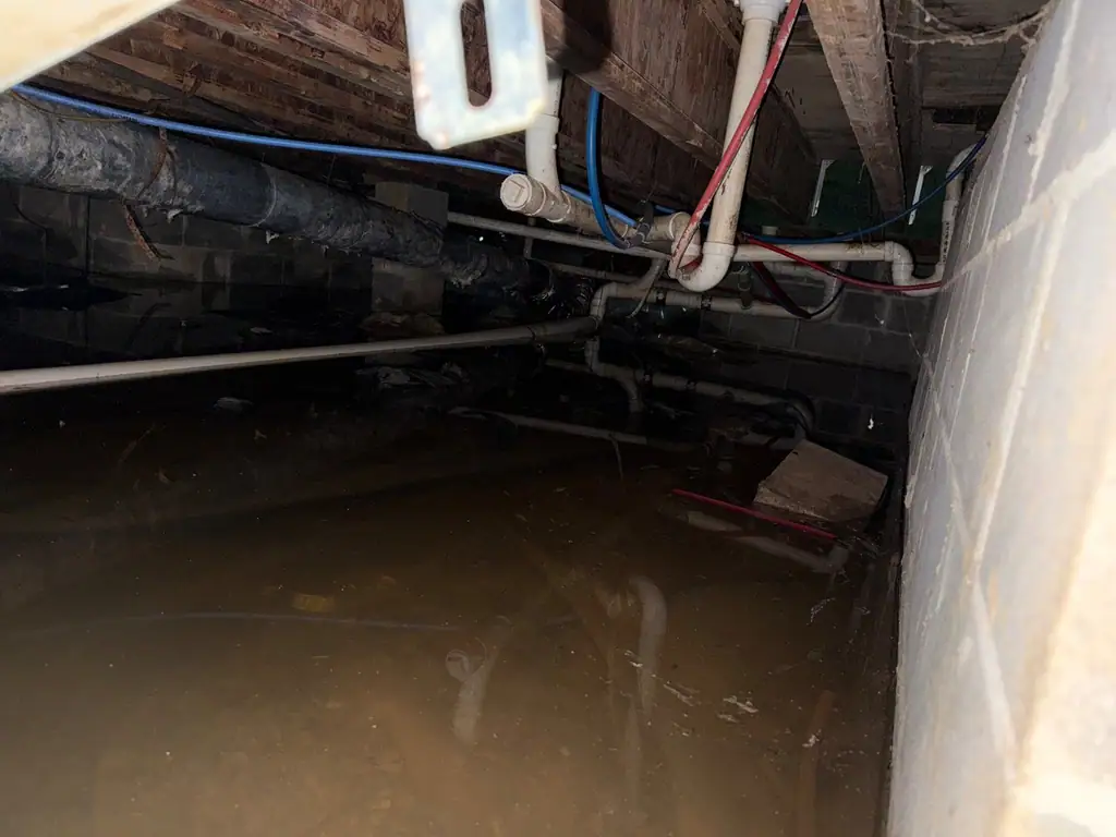 Standing water in a crawlspace under the ductwork and pipes